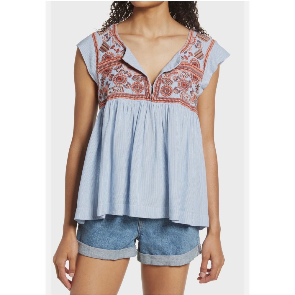 Lucky Brand Embroidered Pinstripe Babydoll Top Blue White XL Boho Cap Sleeve